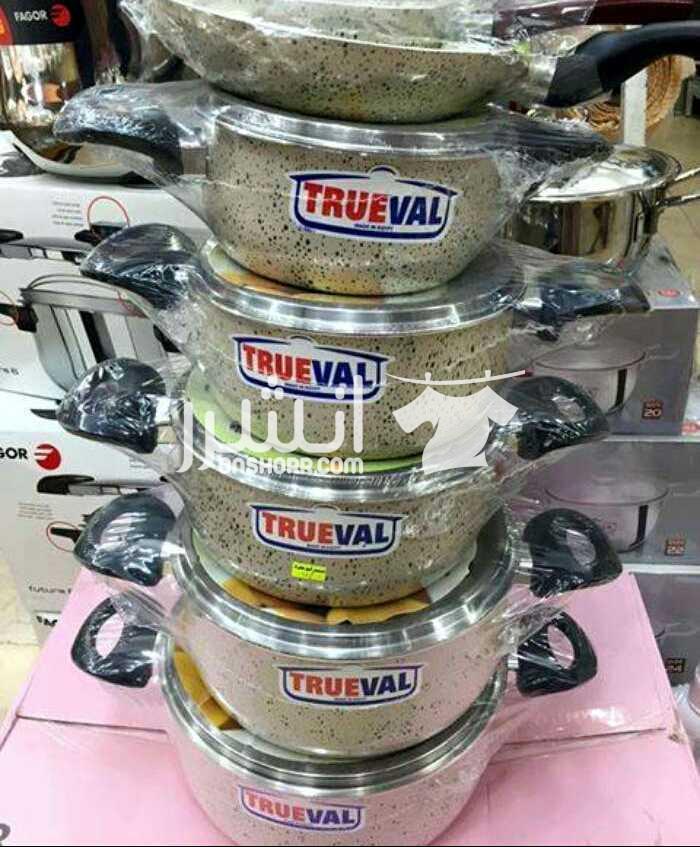 طقم جرانيت اصلى12قطعه تروفال الزنوكى جديد كامل  الطقم الاصلى الجرانيت 12قطعه تروفال الزنوكى  محفور trueval  يتكون من  5 حلل  24  22  20  18  16