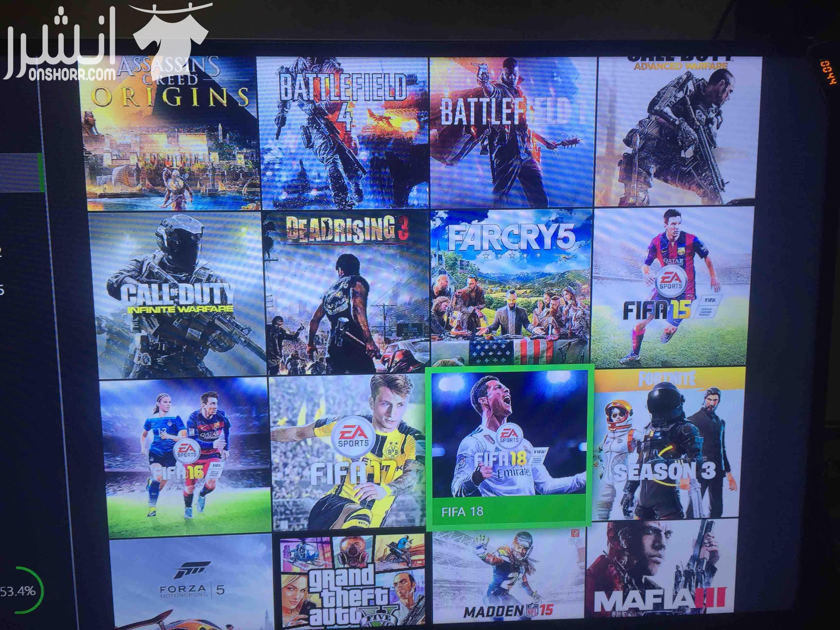 Xbox one with 3 controller  With some cd’s And with new download games like  Gta5/fifa18/pes18/wwe2k18/battlefield 1/battlefield 4/far cry5/mafia 3....etc Note:في ايدتين القير خربان فيهم