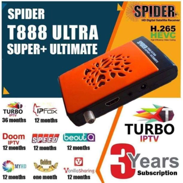 SPIDER T888 ultra super ultimate 
* اشتراك turbo لمده ٣ سنوات
*اشتراك doom iptv لمده عام 
*اشتراك ipfox لمده عام 
*اشتراك myhd iptvلمده عام 
*اشتراك speed iptv لمده عام 
*اشتراك Golden iptv لمده شهر...