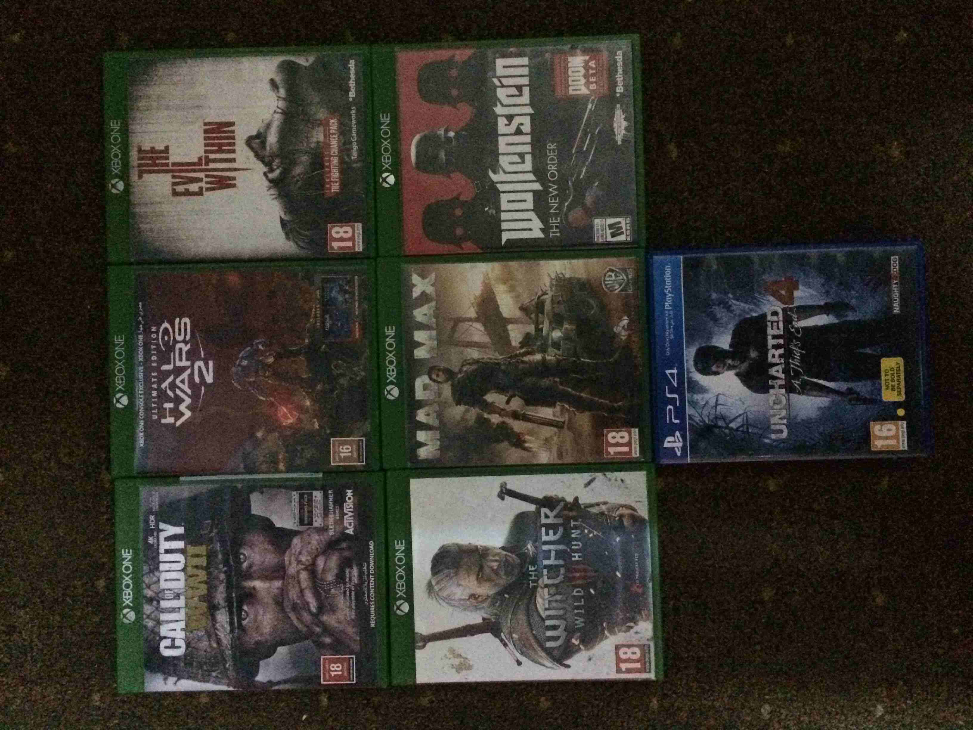 مستعمل حال الجديد
Xbox one games 
call of duty WW2 xbox one 25 j.d
Halo wars 2 xbox one 22 j.d
The evil within xbox one 15 j.d
Wolfen stein xbox one 15 j.d
Mad max xbox one 15 j.d
The witcher 3 xbox o...