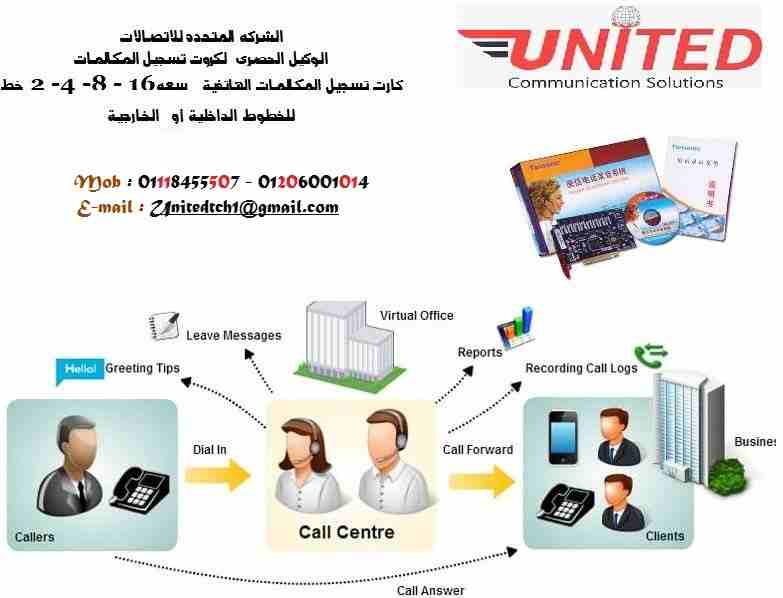 يتوفر لدي الشركه المتحده
كارت تسجيل المكالمات الهاتفية للخطوط الداخلية أو الخارجية سعه2-4- 8-16 خط مع إمكانية حفظ الرقم الصادر والوارد والبحث بالتاريخ أو الرقم الصادر أو الوارد ,مع عرض تقرير عام عن ح...