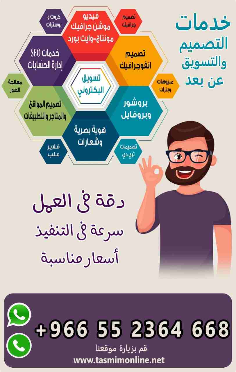 اعمل عن بعد فى تصميم الجرافيك ومعالجة الصور
تصميم الانفوجرافيك 
تصميم فيديوهات الموشن جرافيك 
تصميم فيديوهات المونتاج 
تصميم فيديوهات الوايت بورد 
تصميم الهويه البصريه
تصميم الشعارات
تصميم الكروت والب...